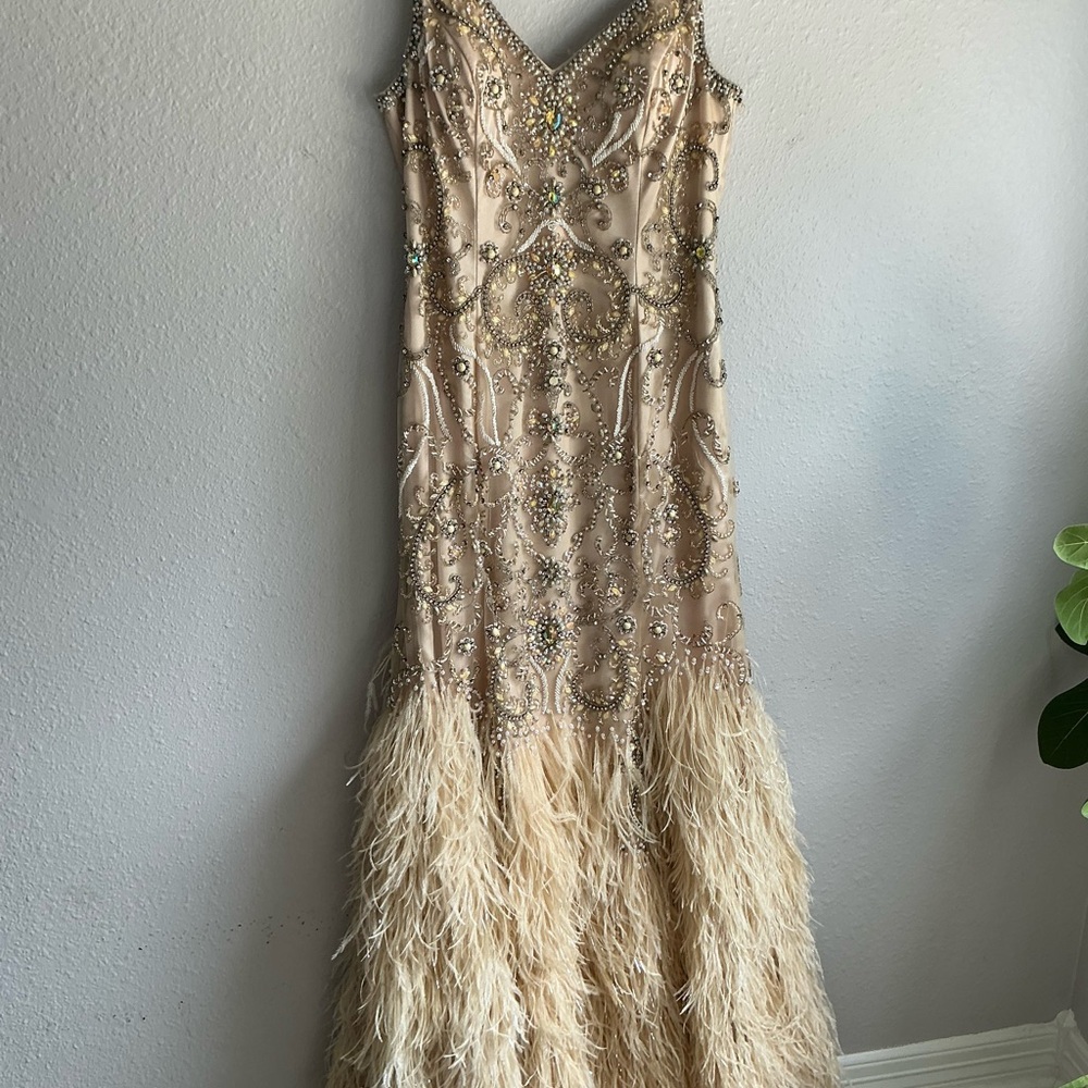 Camille La Vie Beaded Champagne Gown with Feathered Hem